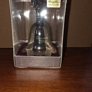 SILVER PLATED BELL WITH FIGURE OF SANTA CLAUS HOLDING BAGS OF GIFTS